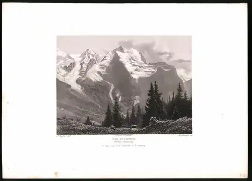 Stahlstich Die Jungfrau, Berner Oberland, Stahlstich von Rüdisühli um 1865, 31.5 x 23cm