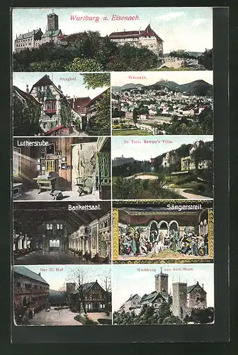 AK Eisenach, Wartburg mit Burghof, Bankettsaal und Ortsansicht