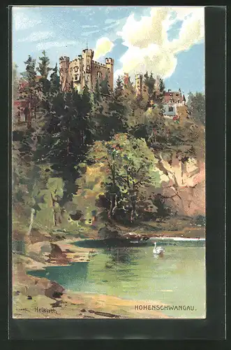 Künstler-AK Schloss Hohenschwangau mit kleinem Teich