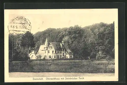 AK Darmstadt, Gasthaus Oberwaldhaus mit Steinbrücker Teich