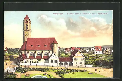 AK Darmstadt, Pauluskirche mit Tintenviertel bei Dämmerung