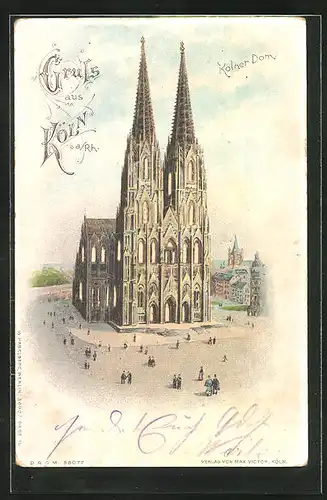 Lithographie Köln a. R., Dom, Halt gegen das Licht: erleuchtete Fenster