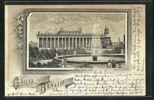 Lithographie Berlin, Springbrunnen vor Museum