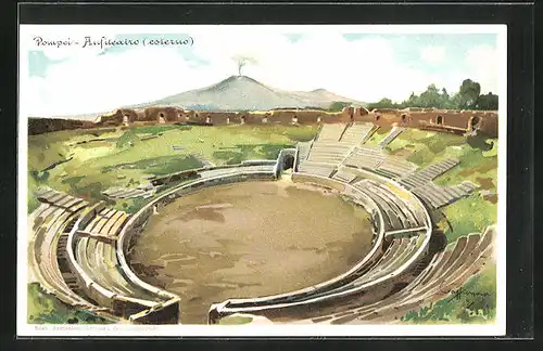 Lithographie Pompeji, Anifteatro, Ausgrabungstätte