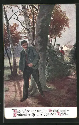 Künstler-AK sign. Fritz Hagen: Und führe uns nicht in Versuchung..., Mann mit Messer vor einem Baum