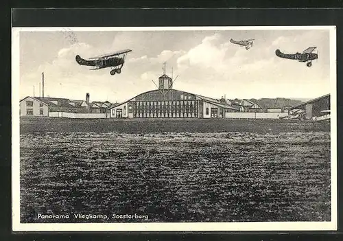 AK Soesterberg, Panorama Vliegkamp, Flughafen mit Doppeldeckern