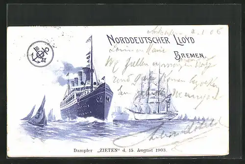 Lithographie Bremen, Dampfer Zieten am 15.08.1903 und Segelschiff, Kriegsschiff