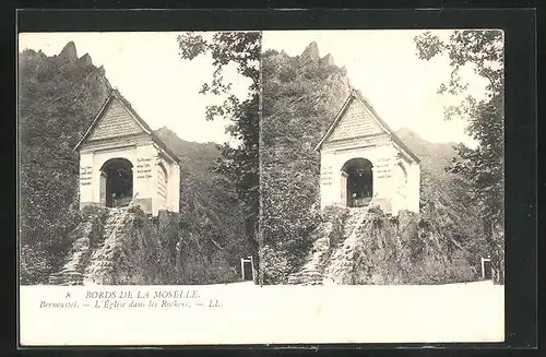 Stereo-AK Berncastel, Bords de la Moselle, L`Église dans les Rochers