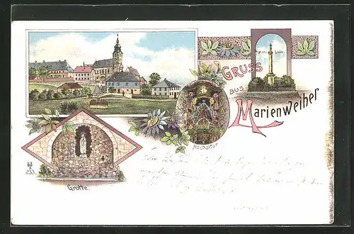 Lithographie Marienweiher, Teilansicht mit Kirche, Grotte, Hochaltar