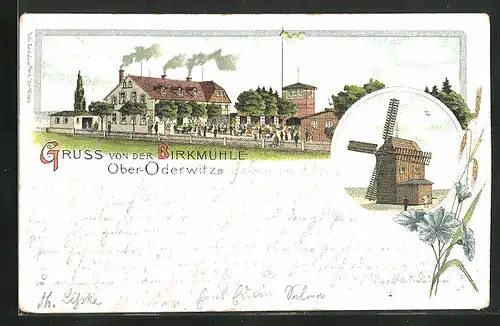 Lithographie Ober-Oderwitz, Gasthaus Birkmühle, Windmühle