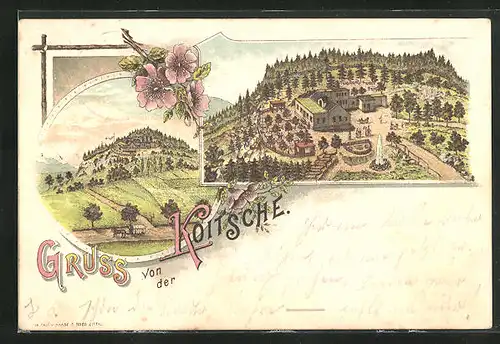 Lithographie Hörnitz, Gasthaus Koitsche aus der Vogelschau