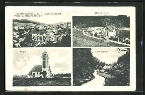 AK Brunndöbra i. S., Oberförsterei, Kirche, Mühlbachtal