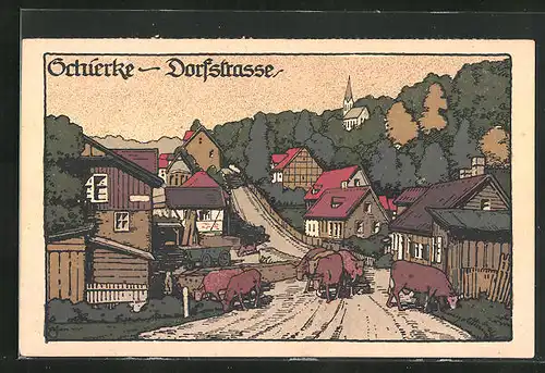 Steindruck-AK Schierke, Dorfstrasse mit Rindern