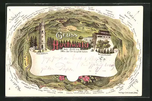 Lithographie Hochwald, Berggasthaus, Umgebungskarte, Aussichtsturm