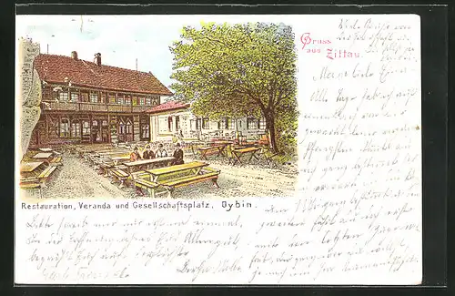 Lithographie Zittau, Restaurant, Veranda und Gesellschaftsplatz Oybin