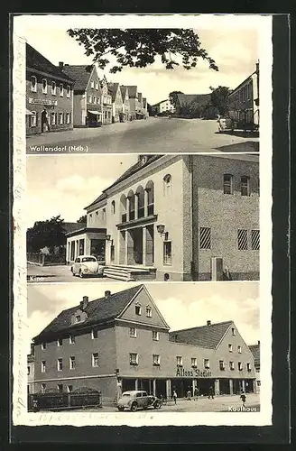 AK Wallersdorf /Ndb., Gasthaus Aldersbacher Hof, Kino, Kaufhaus Stadler, VW Käfer