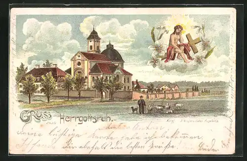 Lithographie Friedberg / Bayern, Kapelle Herrgottsruh, Kirche mit Hirten, Jesus mit Heiligenschein und Kreuz