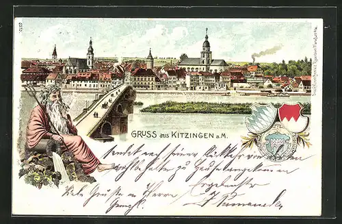 Lithographie Kitzingen a.M., Flusspartie mit Kirchen und Brücke