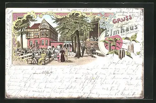 Lithographie Elmhaus, Gasthaus mit Biergarten