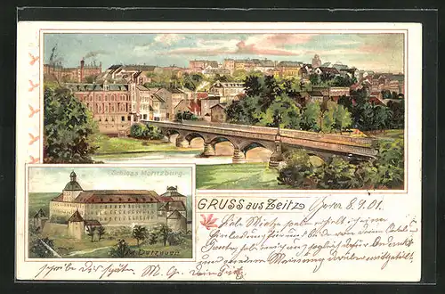 Lithographie Zeitz, Flusspartie mit Brücke und Moritzburg