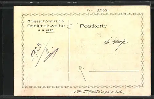 Künstler-AK Grossschönau, Festpostkarte zur Denkmalsweihe am 9.9.1923