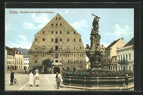 AK Zittau, Neustadt mit Herkulesbrunnen