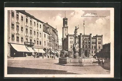 AK Zittau, Rolandbrunnen mit Rathaus