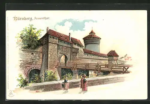 Lithographie Nürnberg, Spaziergänger vor dem Frauentor