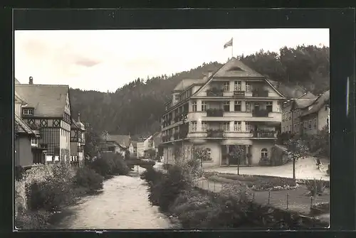 AK Berneck /Fichtelgebirge, Flusspartie mit Hotel Bube