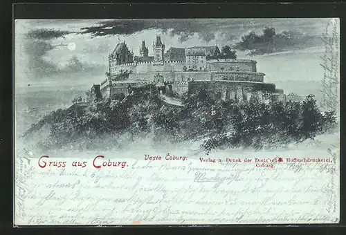Mondschein-Lithographie Coburg, Blick zur Veste Coburg