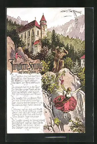 Künstler-AK Oybin, Kloster oybin, der Jungfernsprung, Mönch und Jungfrau