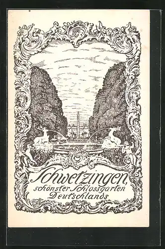 Künstler-AK Schwetzingen, Brunnen mit Hirschen im Schlossgarten