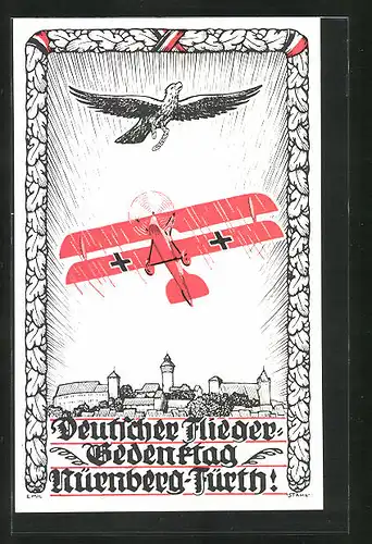 Künstler-AK Nürnberg-Fürth, Deutscher Flieger-Gedenktag 1924, Doppeldecker-Flugzeug über der Burg