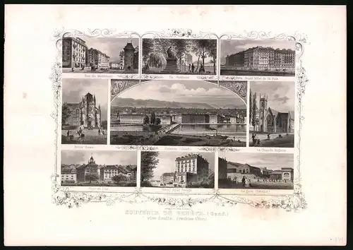 Stahlstich Genf, Hotel Beau Rivage, Tour de l`ile, Rue du Montblanc, Stahlstich von Rüdisühli um 1865, 31.5 x 23cm