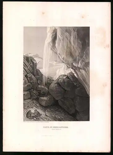 Stahlstich Partie am Rhonegletscher, Kanton Wallis, Stahlstich von Rüdisühli um 1865, 31.5 x 23cm