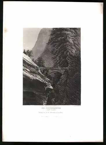 Stahlstich Die Pantherbrücke, Kanton Glarus, Stahlstich von Rüdisühli um 1865, 31.5 x 23cm