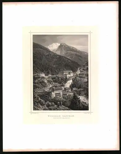 Stahlstich Wildbad Gastein, Stahlstich um 1870 aus Ruthner Kaiserthum Österreich, 32 x 25cm