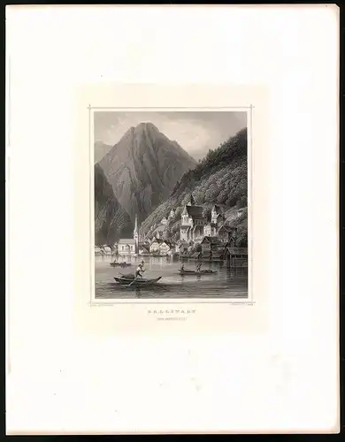 Stahlstich Hallstadt, Stahlstich um 1870 aus Ruthner Kaiserthum Österreich, 32 x 25cm