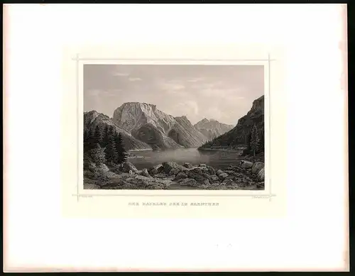 Stahlstich Raibler See in Kärnthen, Stahlstich um 1870 aus Ruthner Kaiserthum Österreich, 32 x 25cm
