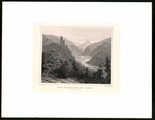 Stahlstich Ruine Schroffenstein bei Landeck, Stahlstich um 1870 aus Ruthner Kaiserthum Österreich, 32 x 25cm