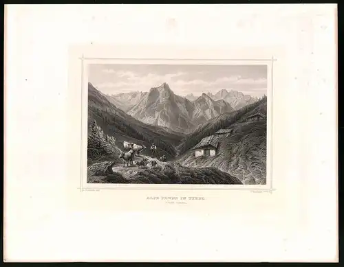 Stahlstich Alpe Plums in Tyrol, Stahlstich um 1870 aus Ruthner Kaiserthum Österreich, 32 x 25cm