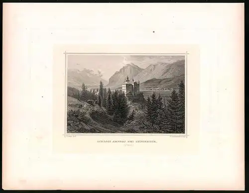 Stahlstich Schloss Ambras bei Innsbruck, Stahlstich um 1870 aus Ruthner Kaiserthum Österreich, 32 x 25cm