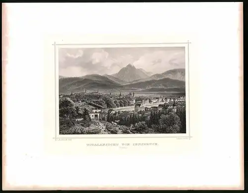 Stahlstich Totalansicht von Innsbruck, Stahlstich um 1870 aus Ruthner Kaiserthum Österreich, 32 x 25cm