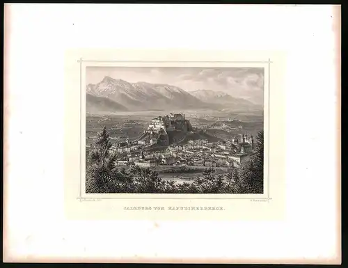 Stahlstich Salzburg vom Kapuzinerberge, Stahlstich um 1870 aus Ruthner Kaiserthum Österreich, 32 x 25cm
