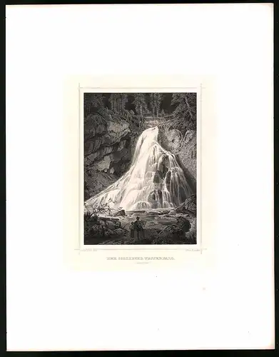 Stahlstich Gollinger Wasserfall, Stahlstich um 1870 aus Ruthner Kaiserthum Österreich, 32 x 25cm