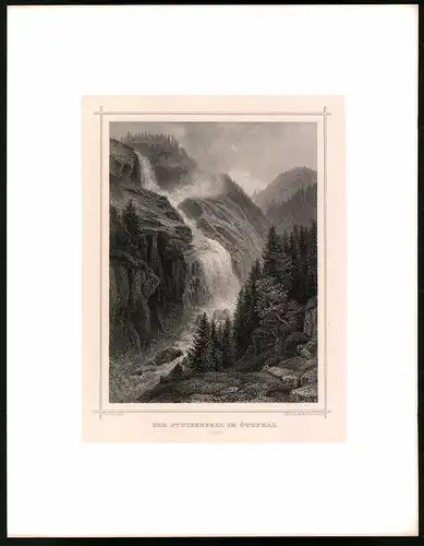 Stahlstich Stuibenfall im Ötzthal, Stahlstich um 1870 aus Ruthner Kaiserthum Österreich, 32 x 25cm