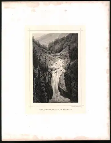 Stahlstich Zechnerfall in Kärnten, Stahlstich um 1870 aus Ruthner Kaiserthum Österreich, 32 x 25cm