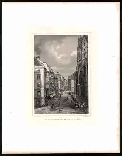 Stahlstich Stephansplatz in Wien, Stahlstich um 1870 aus Ruthner Kaiserthum Österreich, 32 x 25cm