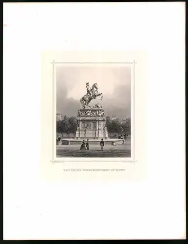 Stahlstich Prinz Eugenmonument in Wien, Stahlstich um 1870 aus Ruthner Kaiserthum Österreich, 32 x 25cm