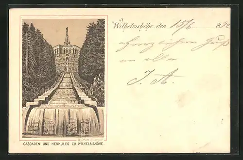 Vorläufer-Lithographie Kassel-Wilhelmshöhe, 1892, Cascaden und Herkules